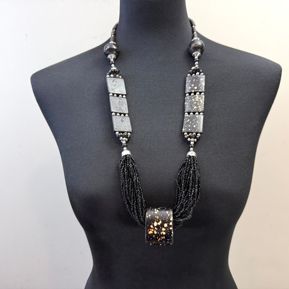 Seed Bead Tassel Statement Necklace Speckled Black Acrylic Stones Jewelry 16 in